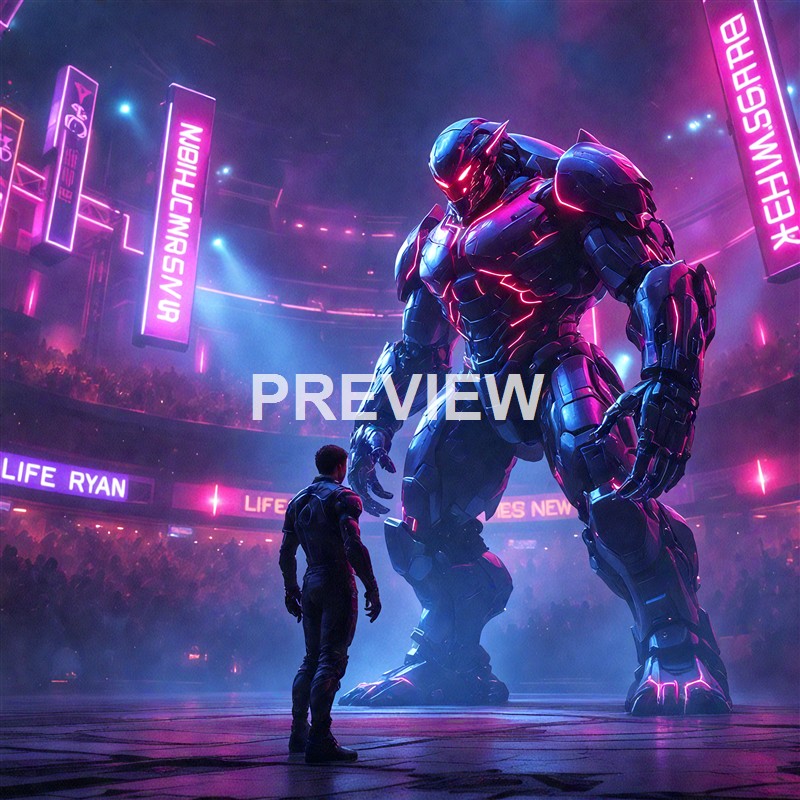 A futuristic scene featuring a human standing before a massive, armored robot in a neon-lit arena with digital billboards displaying text.